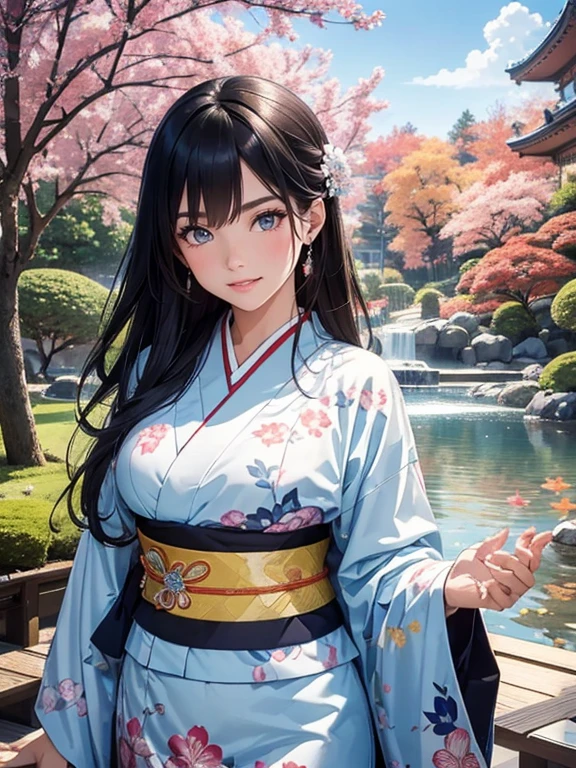 (Best Quality, High resolution, 8k), Japanese painting style, Beautiful Japanese women who look good in kimono,  Japanese clothing with calm colors and patterns, Light brown-black hair, Beautiful eyes, Beautiful lips,  beautiful face with a well-groomed face, Facial detailing, Large Breasts, A biologically healthy body, Detailed and delicate depiction, A flashy and dynamic painting technique, Japanese style garden,  Japanese style hotel, Autumn season, The autumn leaves are beautiful, Autumn flowers are blooming, The silver grass is swaying, Cosmos flowers are blooming, Wind blows hair up , Vibrant colors, Look at me and smile, blue sky, White Clouds, Detailed illustration art, Unique creation and drawing, 