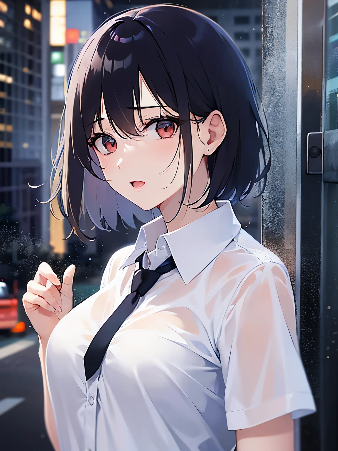 (8K,masterpiece,Highest quality),Hyper Detail,Realistically,Highly detailed face、pupil,City lights,Raytracing, heavy rain,Short black hair、A girl with a fragile expression、Navy blue school uniform、White blouse,Black Mini Skirt,Slim and beautiful thighs、Rain-soaked clothes,Depth of written boundary ,cinema lens lighting、Night view