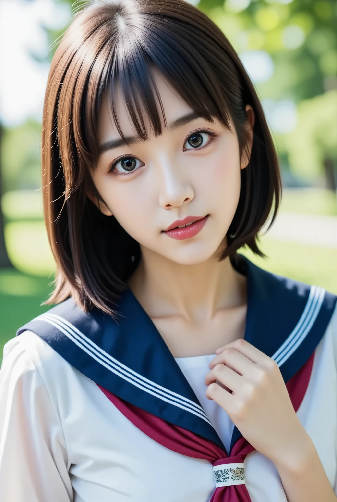 (masterpiece, best quality:1.2), 1girl, Alone, cute, (Super cute idol-like face:1.2)、 Beautiful Japanese High School Girls、Baby Face, clear, Large eyes with double eyelids, (Sailor school uniform,  navy blue pleated skirt:1.2), smile, Highly detailed faceと肌の質感、Sophistication、Highly detailed face、beautiful girl、Black Hair, Medium Hair、With bangs、 cute girl 、最高級のbeautiful girl、Shining Eyes、 smile, , Model Diagram, (No Lips , No makeup:1.2), (In a natural park )