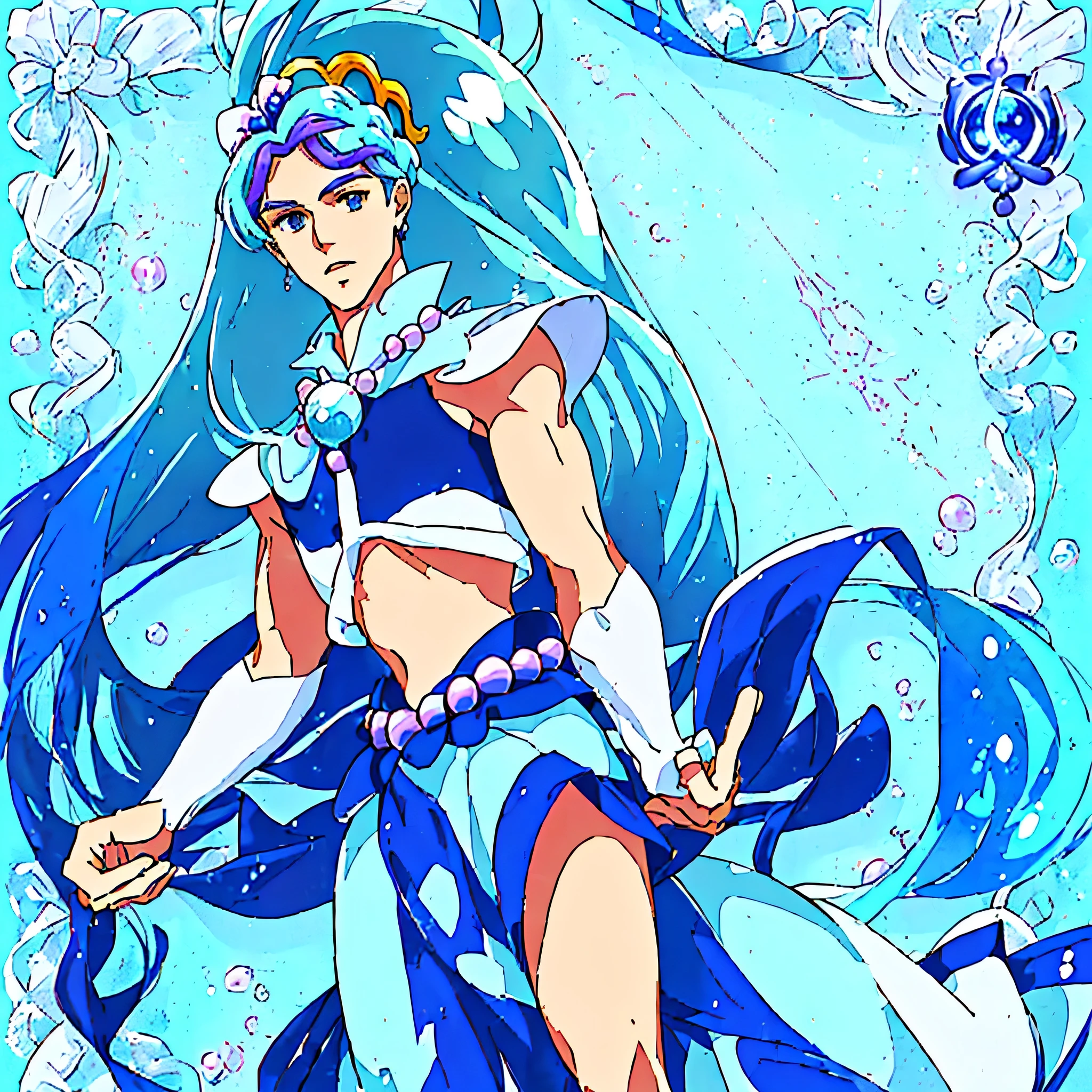 masterpiece, highest quality, ((1 person)),Light blue hair,Light blue eyes,Smiling face, smile,whole body,Manga style,Long Hair,naked,Eyes that feel,((Sailor Moon style),milk,Drooping eyes,