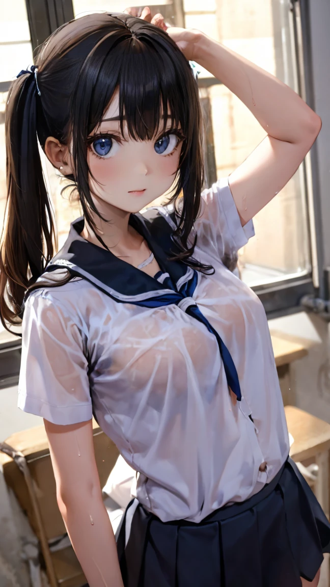 Cornflower art, dreamy, (masterpiece, top quality, perfect anatomy, beautiful face, realistic, super detailed, 1 girl, 18 ears senile, solo, depth of field, canon 24mm lens, f1.4, cute_girl, sailor_ collar, clear facial features, short sleeves, small breasts, slender height, height 170, barefoot, double ponytail, bangs, gravure pose, outdoor, jungle, Blurred background, (Uwabaki: 1.1576)) whole body, clear liquid dripping from the crotch, the front of the shirt is exposed, breasts are visible, transparent bra, light blue striped buns, erotic, , NSFW movie,