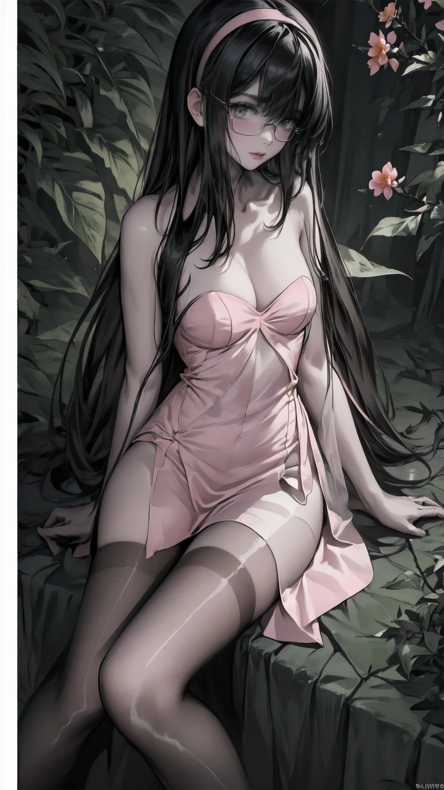 (pink strapless dress :1.5), 銀色の長いhair, black _ Hairbands, X-Shape _ Eyebrow, Hairbands, poe _ hair, 前hair, bare shoulders, Full Body Shot, black stockings, (Peach Blossom Forest:1.3)，Creek，barefoot，Soak your feet，