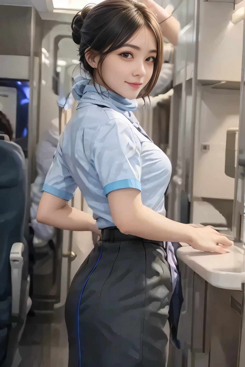 (masterpiece:1.2, Best Quality:1.2), 32K HDR, High resolution, (Alone、1 girl)、(on board、 Professional Lighting)、In-flight background、(ANA flight attendant uniform blueを着たリアルスタイル)、((ANA flight attendant uniform blue short sleeve blouse 、 ANA flight attendant uniform blue skirt with blue line on the back、Scarf around the neck))、Dark brown hair、(Long Hair、Hair tied up、Hair tied up)、Dark brown hair、Long Shot、Big Breasts、Thin legs、((Great hands:2.0)),((Harmonious body proportions:1.5)),((Normal limbs:2.0)),((Normal finger:2.0)),((Delicate eyes:2.0)),((Normal eyes:2.0)))、smile、(ANA flight attendant uniform blueを見せた美しい後ろ姿)、Hands down