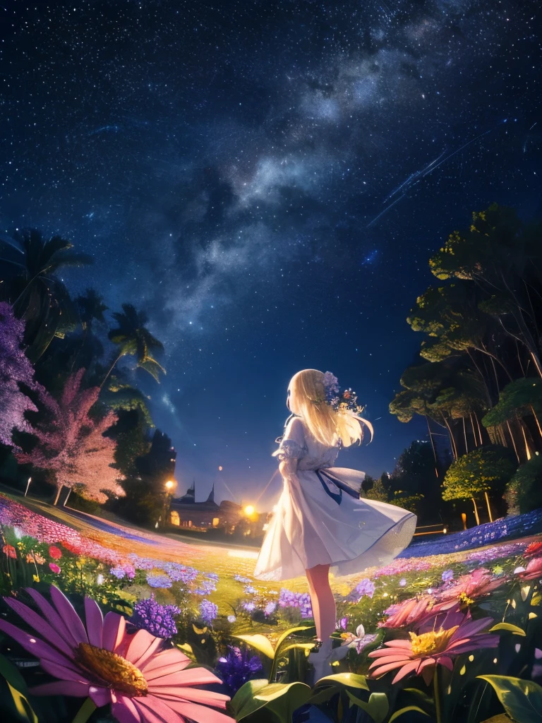 of the highest quality, high_resolution, Distinct_image, Detailed background, girl, flower, garden, Starry sky, a pixie cut, blondehair