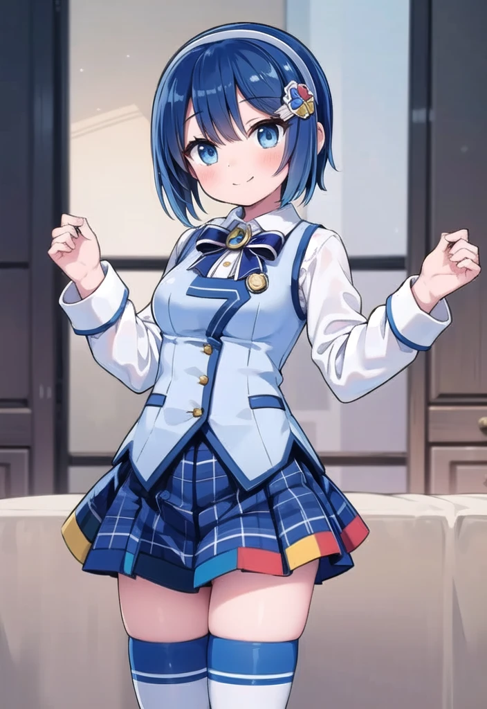 1girl, solo, masterpiece, best quality, perfect hands, smile, blush, closed mouth, blue bowtie, madobe mi, hairclip, hairband, white hairband, hair ornament, long sleeves, skirt, thighhighs, white thighhighs, dark blue hair, short hair, swept bangs, white shirt, blue vest, pleated skirt, checkered skirt, plaid skirt, blue eyes, miniskirt