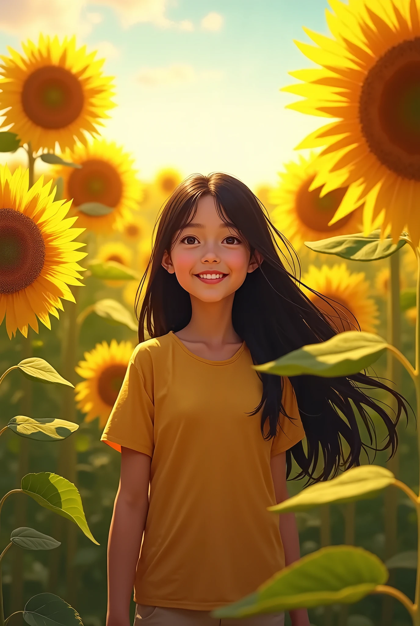 There is a girl standing in a field of sunflowers - SeaArt AI