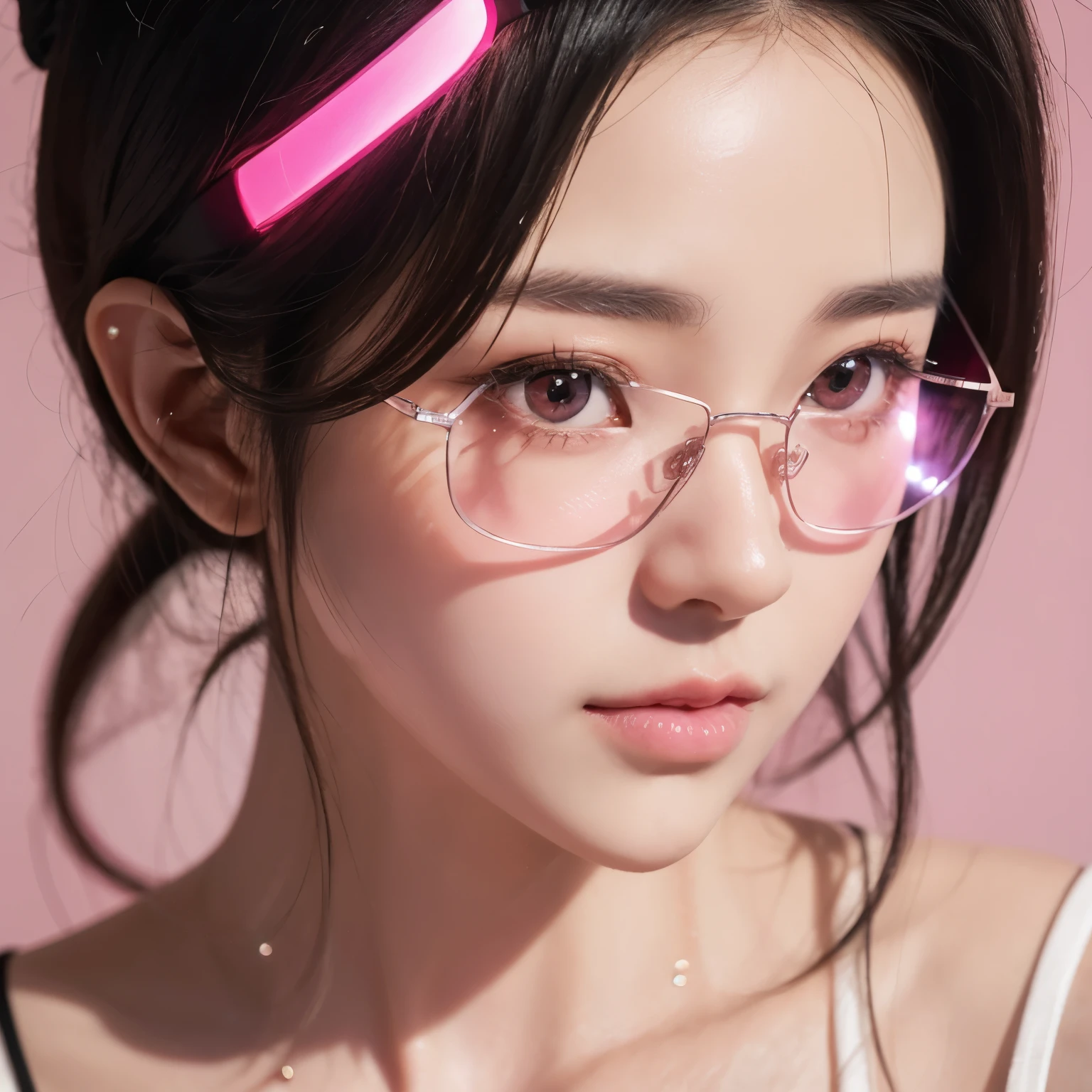 Close-up of a woman with black hair, artwork in Guvez style, Guvez, kawaii realistic portrait, Inspired by Cheng Yanjun, glowing Pink face, Pink girl, Beautiful anime portrait, Pink glasses, glowing Pink eyes, Realistic anime 3D style, Yanjuncheng, Realistic anime art style, ((Pink)8K