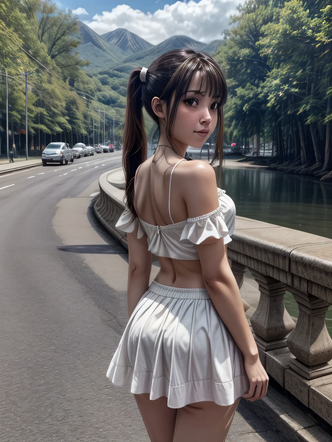 masterpiece, best quality, realistic, outdoors, full body shot, tween_girl, solo, short skirt, (upskirt_view), white_panties, twintails, looking at viewer, dark hair, big buttocks, bare shoulders, low twintails, looking back