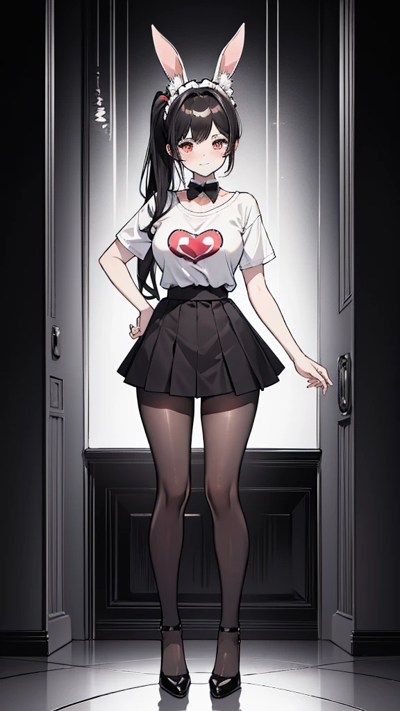 Using pantimedias, Waist length wavy black hair, penetrating gaze with deep red eyes, average height, waist-length black hair, Silky hair with a ponytail hairstyle gathered with a red bow with two white lines, has a vagina, has breasts, breast cup to, small breasts, slim, foreground, session, standing in her room, standing in her room, wearing pantyhose, Using pantimedias, Picardias, neckline, looking at the viewer, lewd smile, ((oversized t-shirt)), off the shoulders, washing machines, thighs, ((white t-shirt)), standing, hands on hips,, shoes, blush, from below, thighs gorditos, thighs grandes, big butt, hands behind back, lost look,  Anime Bunny Girl in a maid costume , cute anime bunny , Rabbit ears 