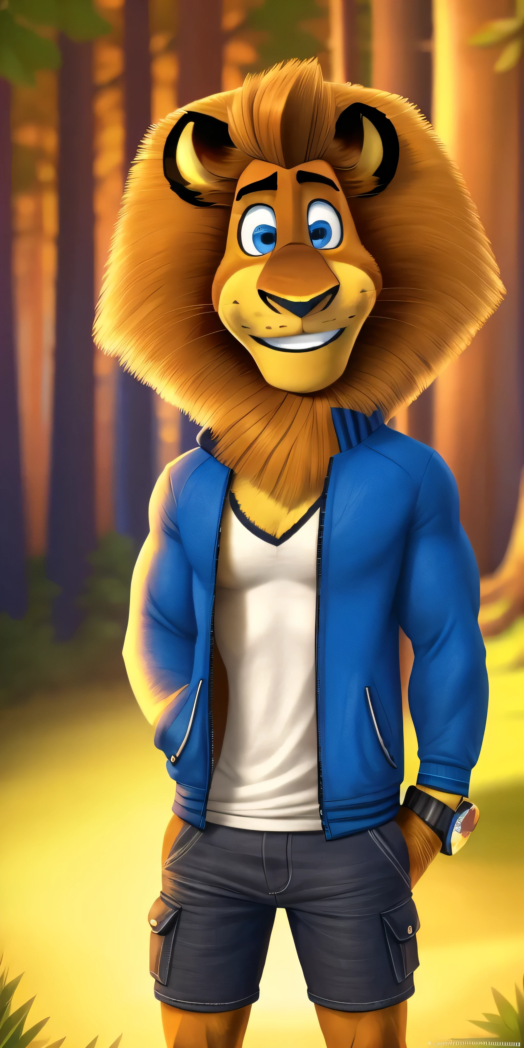 AlexLion, solo, 1 boy, young, cartoony proportions, correct anatomy, muscular body, biceps anatomy correct, big biceps, extremely beautiful and cute face, perfect face, ultra quality face, 8k eyes, perfect eyes, ultra quality eyes, perfectly detailed blue eyes, white iris with perfectly detailed pupils, ultra quality fur, soft and delicate fur, wears white t-shirt, blue varsity jacket with long sleeves, black denim cargo shorts, sneakers, hands in pockets, fancy watch on his right wrist, forest background, selfie, gently looking at viewer, cute smiling, cute and bright smiling, radiant, cute, handsome, beautiful, kind, sweety, extremely charismatic, majestic, friendly, simply irresistible, well-mannered, polite, cultural, attractive, charming, super good looking, fashionable, hot, sexy, mature, adult, pacifist, calm, gently looking at viewer, face focus, ultra detalization, perfect detalization, perfectly detailed, ultra hd quality, photorealistic, ultrarealistic, highest resolution, 4k, 8k.