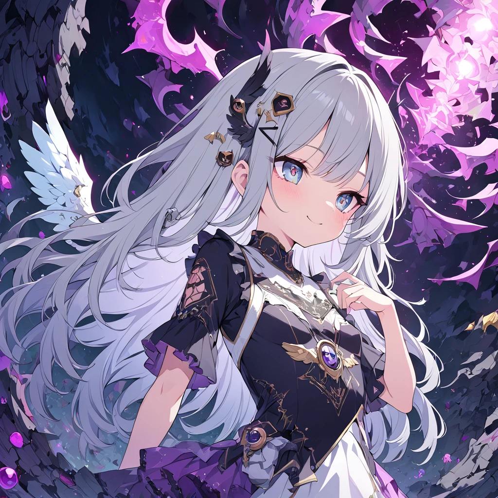 Absurd,anime,Detailed and beautiful eyes,(art),(artistic clothing:1.5),angel,gray hair,smile,(a girl:1.5),from the waist up,(small breasts:1.2),(small chest:1.2),mysterious,fallen Angel,Hello,(Large detailed hair ornament:1.2),(look away:1.5),detailed clothes,Flashy Moves,Mechanical,masterpiece, moe kawaii,abyss,luster,lame,(ultra detailed:1.2), ((highest quality)) ,Extremely Delicately Beautiful ,64k