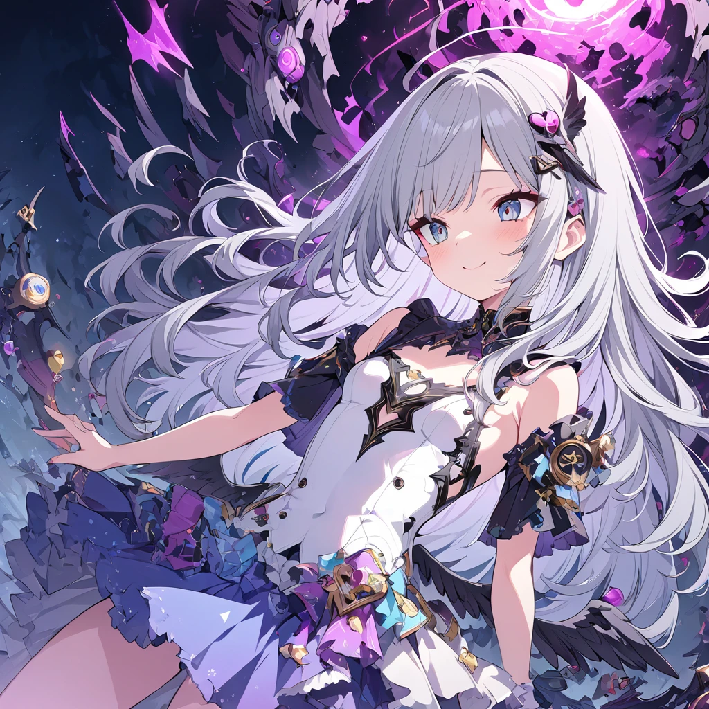 Absurd,anime,Detailed and beautiful eyes,(art),(artistic clothing:1.5),angel,gray hair,smile,(a girl:1.5),from the waist up,(small breasts:1.2),(small chest:1.2),mysterious,fallen Angel,Hello,(Large detailed hair ornament:1.2),(look away:1.5),detailed clothes,Flashy Moves,Mechanical,masterpiece, moe kawaii,abyss,luster,lame,(ultra detailed:1.2), ((highest quality)) ,Extremely Delicately Beautiful ,64k