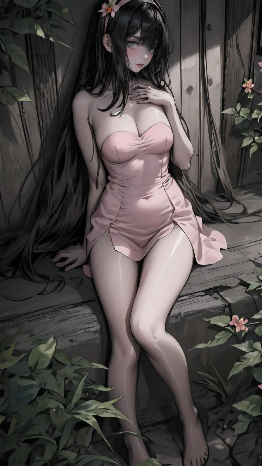 (pink strapless dress :1.5), 銀色の長いhair, black _ Hairbands, X-Shape _ Eyebrow, Hairbands, poe _ hair, 前hair, bare shoulders, Full Body Shot, black stockings, (Peach Blossom Forest:1.3)，Creek，barefoot，Soak your feet，