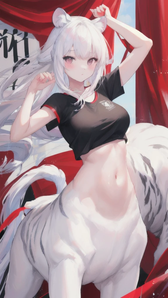 (best quality, masterpiece), 1 girl, centaur, It takes, White skin, belly button t-shirt, 아름다운 소녀 perfect white tiger photo, perfect white tiger photo