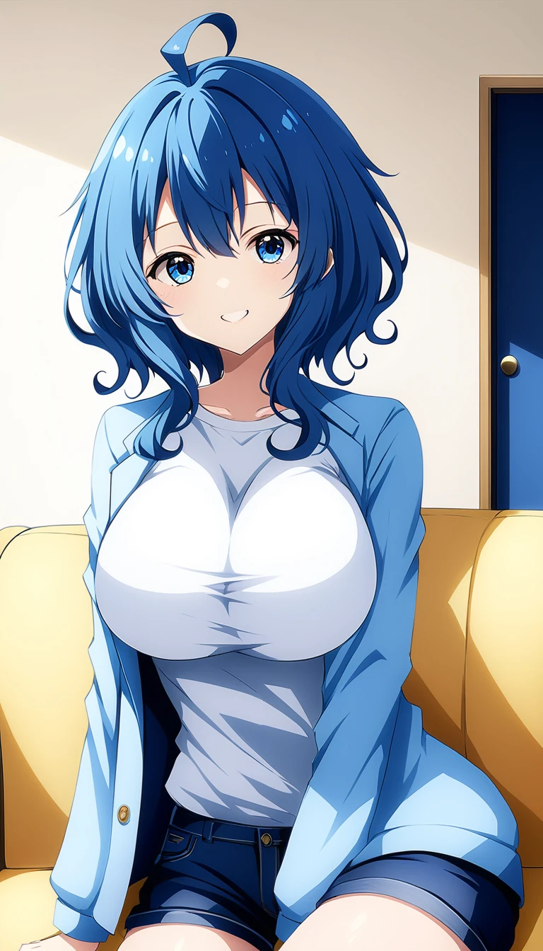 Score_9, Score_8_up, Score_7_up, source_anime, annayanami, annayanami, medium hair, blue eyes, ahoge, blue hair, large breasts, coat, white t-shirt, long sleeves, short pants, emphasis breasts, smile, look at viewer, sitting sofa, room, cowboy shot, best quality, ultra-detailed, high resolution, 8K,