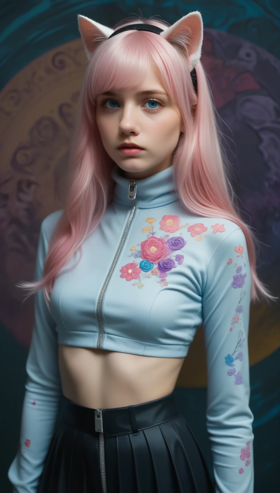 This photo shows、 configuration 。, Pastel pink hair, Sophisticated style, Direct method . She has white skin、Delicate, A little physics. Her outfit is、Fits your body, Deep Blue, Shiny,  long sleeve top with high collar ,  A layered black skirt featuring a dark purple floral pattern .  This image captures a fusion of fantasy and sci-fi aesthetics ,  emphasizes the surreal and whimsical nature of the scene .  The top is combined with something voluminous {x} Her accessories include a black headband with cat ears It's been,  fantastic atmosphere with blue and purple hues .  The background features a surreal ,  depicting a young woman with long hair ,  abstract ,  shining lights and texture ,  probably metallic surface .  The overall atmosphere is dreamy 、 looks like another world ,  adding a bit of futuristic elements .  A woman's expression is expressionless ,  adorned with silver accents and a central zipper ,  adding movement and fluidity to the .  She looks like she's standing in a slightly leaning position ,  A charm with a cat theme Attached belt .