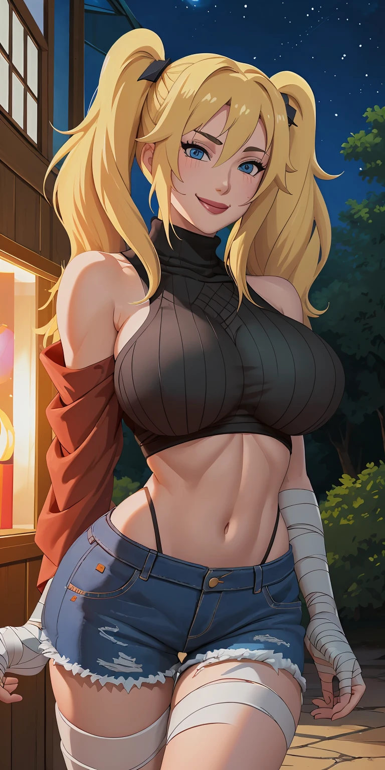 masterpiece, best quality, extremely detail 8k cg, high resolution, 1girl, mature female, Turtleneck_SexyJusuNaruto_Naruko_ownwaifu, 1girl, blonde hair, naruko \(naruto\), twintails, long hair, facial mark, whiskers, whisker markings, blue eyes, large breasts, hair between eyes, bangs, midriff, bandages, denim shorts, fishnets, bare shoulders, collarbone, titsonastick, beautiful face, smirk, night time, konohavillage, outdoors