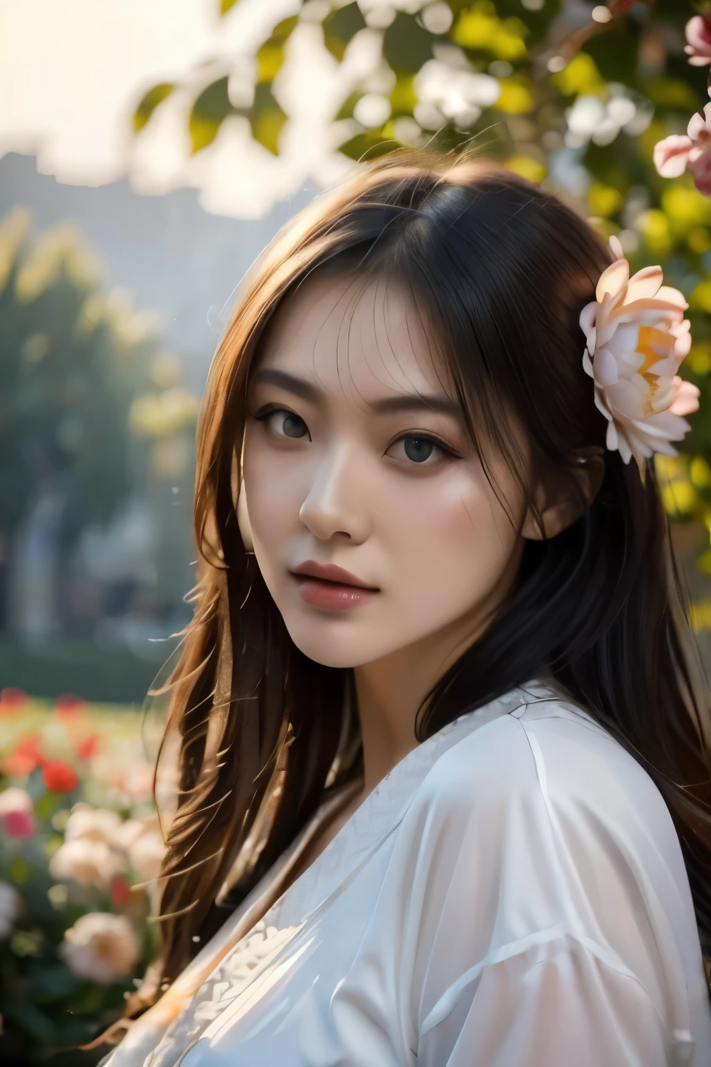 1 Girl, Solo,portrait,Hanfu,Ancient_Chinese_architecture, in Flower garden, Flowers,  (Realistic:1.4), Super High Quality, Masterpiece, Perfect Illustration, Extreme Details (Delicate Light and Shadow, Highly Dramatic Picture,)Zhong Hua,  Zen Entanglement, Mandala, Tangled, Official Art, Unity 8k wallpaper, super detailed, beautiful and beautiful, masterpiece, best quality, (Dynamic angle: 1.4), glowing skin, (Floating colorful flashes: 1) The most beautiful chaotic forms, elegant, brutalist design, bright colors, romantic depth of field