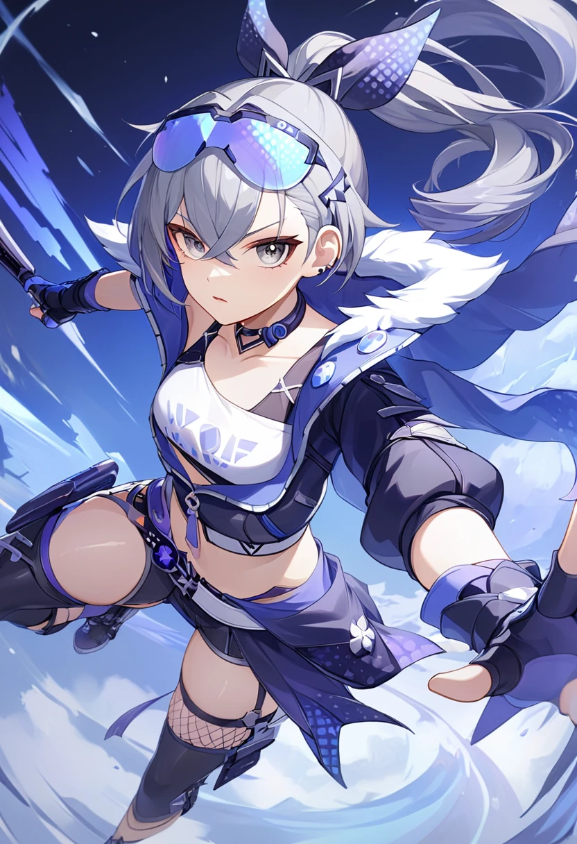 (masterpiece, best quality:1.2),1girl, SilverWolf, Honkai Star Rail, silver hair, ponytail, gray eyes, goggle, high quality, detailed shiny skin, detailed beautiful hair, detailed beautiful eyes, detailed clothes, (high resolusion:1.2), 4K, official art, high quality, small breasts, perspective, fighting,battle,light_trail,dynamic angle,fisheye lens,