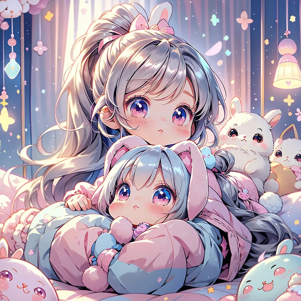 Chibi、Cute 1girl,Handsome face、*********、((( Best Composition 、 best quality、 Supreme Masterpiece、Super detailed、 high definition)))、 Pastel Color 、A Kind World、Soft and fluffy、cute kigurumi、Nap、Macaron shaped comforter、