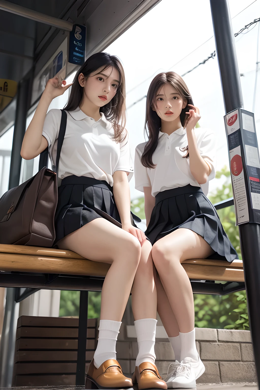 heavy rain, soaked, long hair, looking at viewer, smile, bangs, (Two girls in:1.2), skirt, brown hair, shirt, black hair, short sleeves, brown eyes, long hair, sitting in bus stop, white polo shirt, pleated skirt, open clothes, shoes, socks, striped, collared shirt, hand up, bag, kneehighs, brown footwear, loafers, school bag, Wet, (From below:1.2)