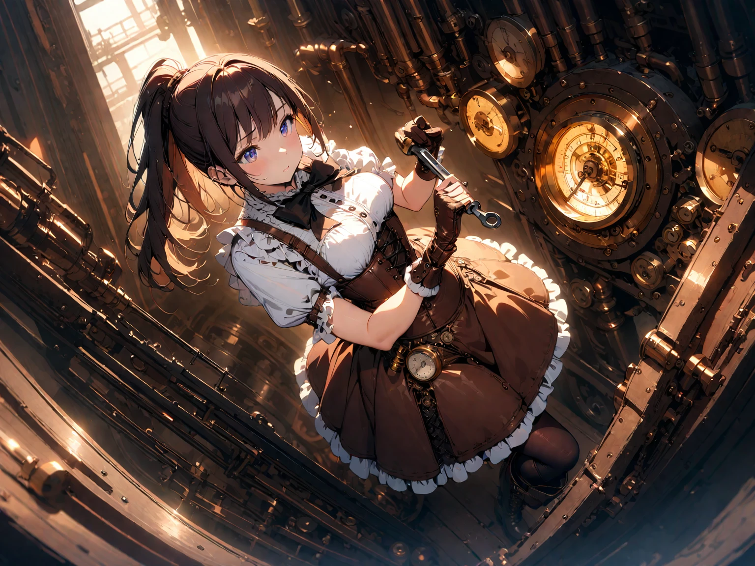 (masterpiece, best quality, very aesthetic, absurdres), 1girl, solo, perfect body, anatomically correct, beautiful eyes, 

cute mechanic, ponytail, steampunk world, she looked away, staring at the gauges on the wall, holding a wrench in one hand, goggles, carrying out maintenance work, Victorian-era clothing, frilly blouse, corset, leather gloves, leather apron, mini skirt, black pantyhose, engineer boots, oil stains, Scenery inside the engine room of heavy machinery, detailed mechanical parts, clockwork mechanisms, pressure gauges, steam valves, pistons, brass and copper tones, intricate details, dramatic lighting, dynamic angles, from above, 

(8k, RAW photo), (extremely detailed wallpaper),