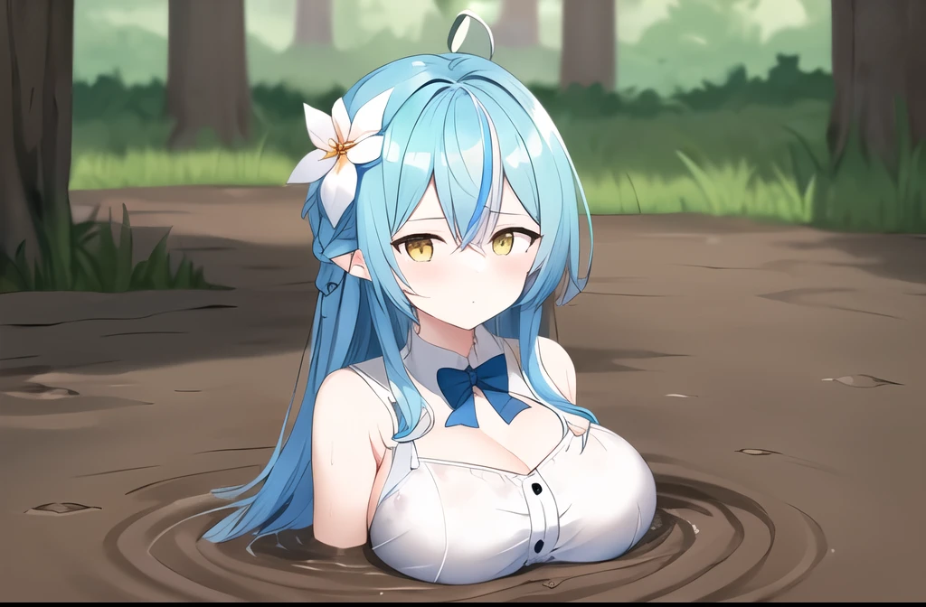 1girl,(adult),(Anxious Face with Sweat Emoji),(detailed_face:1.2),cleavage,messy,(Deep forest),(tree),(swamp),solo,muddy,(8k hd),(big breast),(breast on quicksand),quicksand,long hair,character anime,(partially_submerged),(1girl quicksand),yellow eye,v1.0,Yukihana Lamy,(masterpiece, best quality, highres, aalamy, long hair, streaked hair, ahoge, braid, hair flower, blue bowtie, cleavage, clothing cutout, white shirt, sleeveless, black corset,snowflake print, open clothes, white thighhighs, brown bel,Upper bodymidriff,Upper body,Sinking into the mud,Division distance image,anime,(girl In the mud),Extremely detailed CG,sand