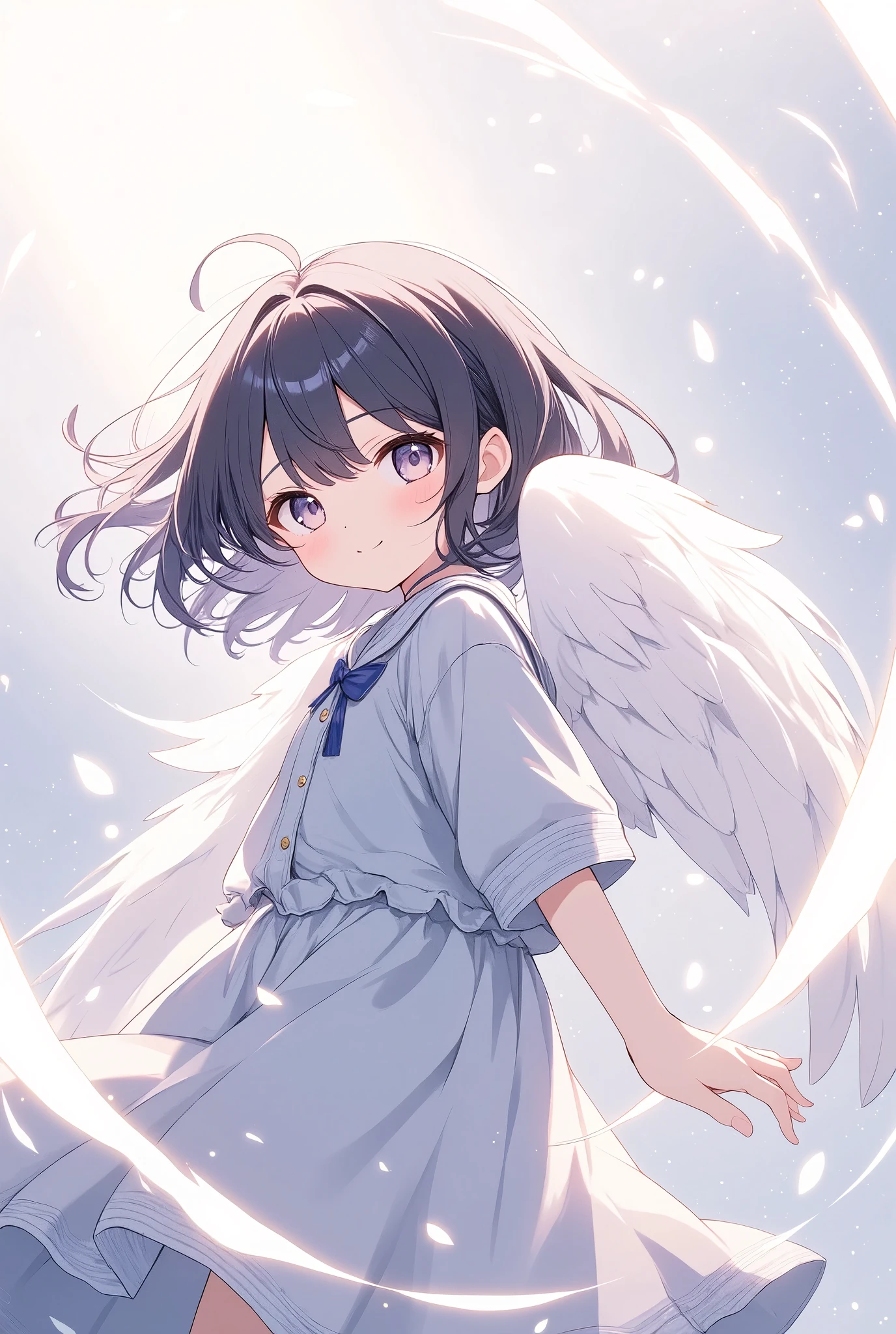  The pale lines and soft colors are like dreams, Fleeting Impressions.., Angel Wearing Kigurumi Pajamas 、Black Hair、Shortcuts、 boyish、White Angel Wings 