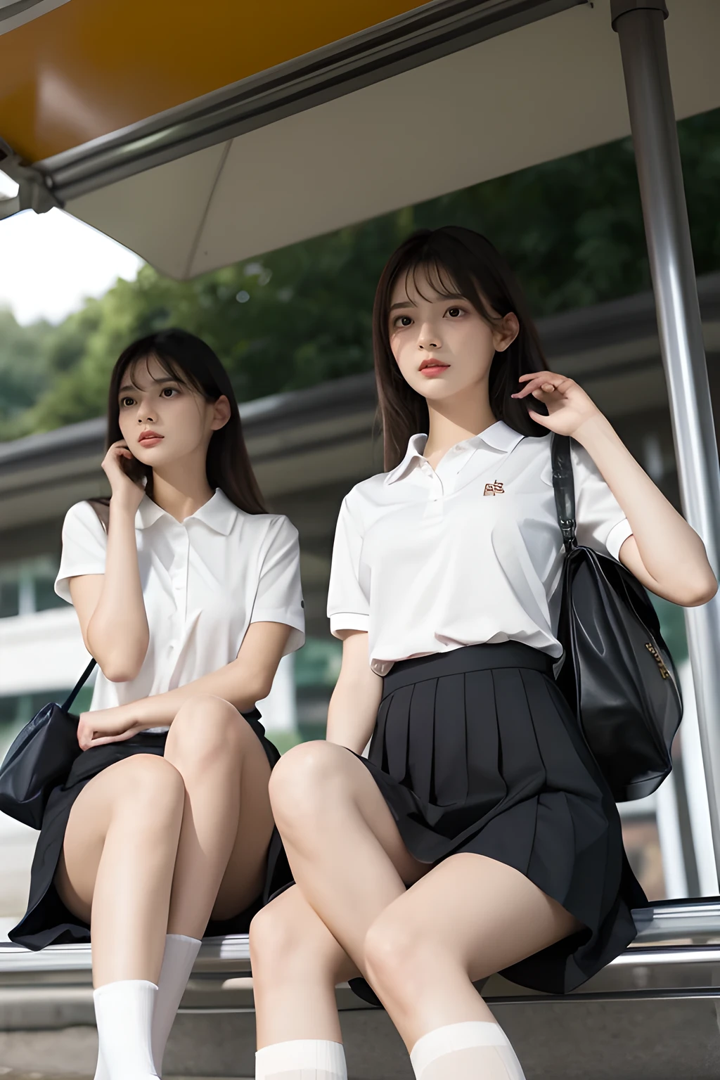 heavy rain, soaked, long hair, looking at viewer, smile, bangs, (Two girls in:1.2), skirt, brown hair, shirt, black hair, short sleeves, brown eyes,  long hair, sitting in bus stop, white polo shirt, pleated skirt, open clothes, shoes, socks, striped, collared shirt, hand up, bag, kneehighs, brown footwear, loafers, school bag, Wet, (From below:1.2)