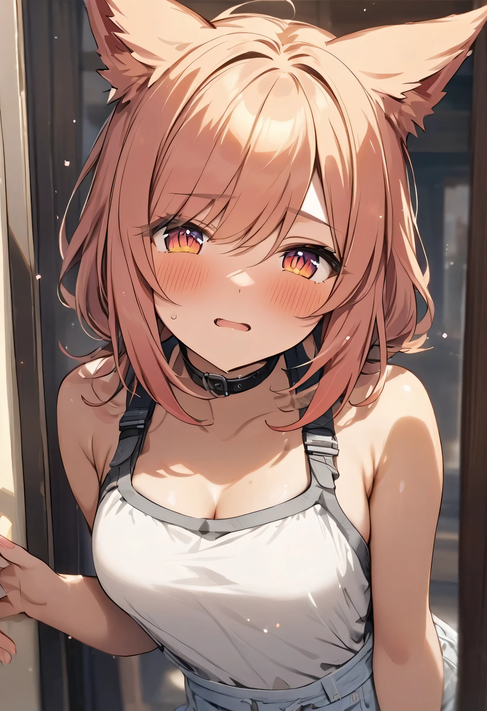 Create a portrait of a girl in unbuttoned and sweating on top of a table