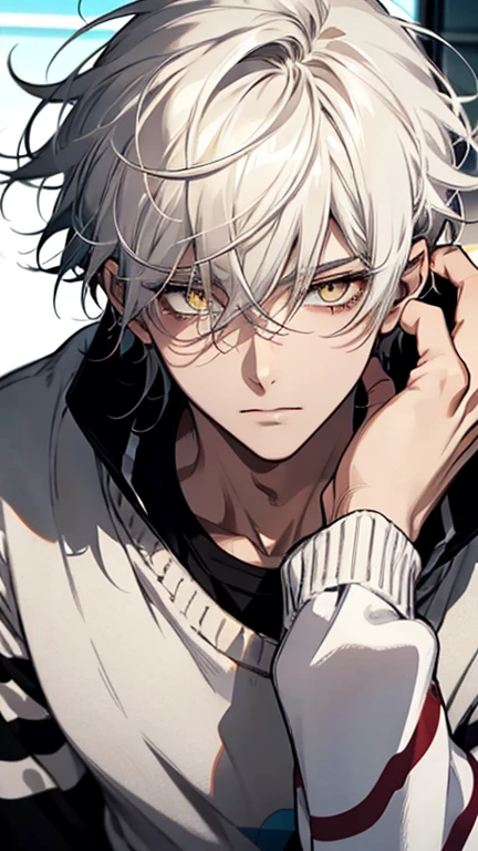 One, male, male性, White soft sweater, Yellow Eyes, Direct Facial Treatment, Short、White、Disarray、Messy hair length, The color is bright、Black gradient stripes, sunlight, Warm Light, Anime Style