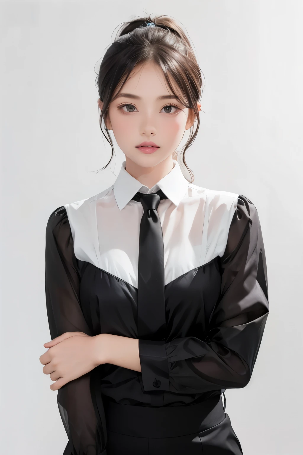 1girl, black  formal shirt,white background,   