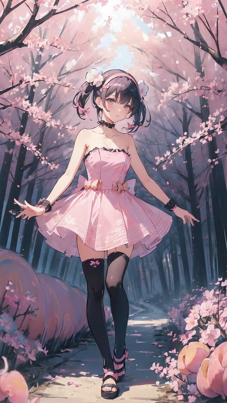 (pink strapless dress :1.5), 銀色の長いhair, black _ Hairbands, X-Shape _ Eyebrow, Hairbands, poe _ hair, 前hair, bare shoulders, Full Body Shot, black stockings, (Peach Blossom Forest:1.3)，Creek，barefoot，Soak your feet，