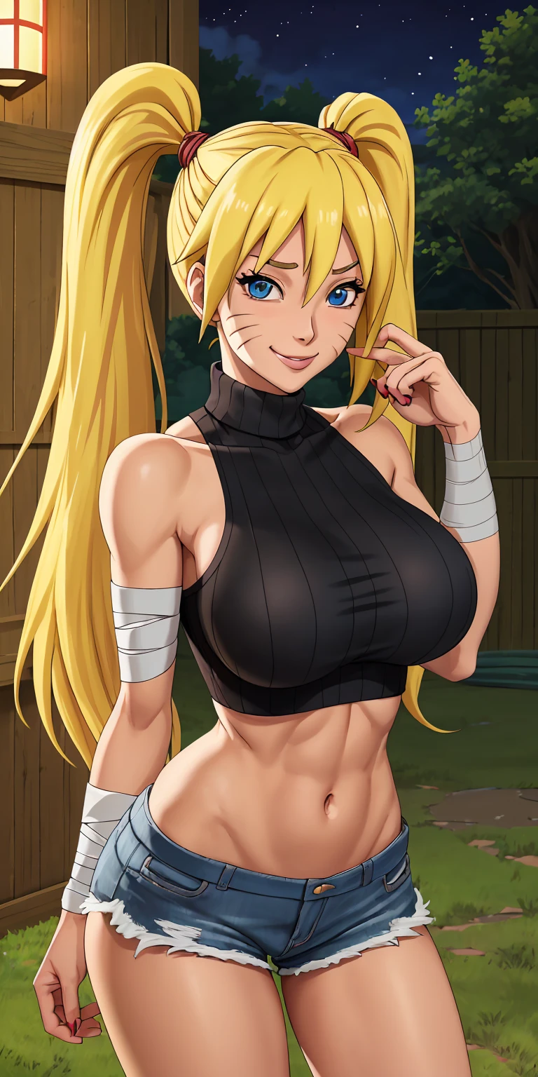 masterpiece, best quality, extremely detail 8k cg, high resolution, 1girl, mature female, Turtleneck_SexyJusuNaruto_Naruko_ownwaifu, 1girl, blonde hair, naruko \(naruto\), twintails, long hair, facial mark, whiskers, whisker markings, blue eyes, large breasts, hair between eyes, bangs, midriff, bandages, denim shorts, fishnets, bare shoulders, collarbone, titsonastick, beautiful face, smirk, night time, konohavillage, outdoors