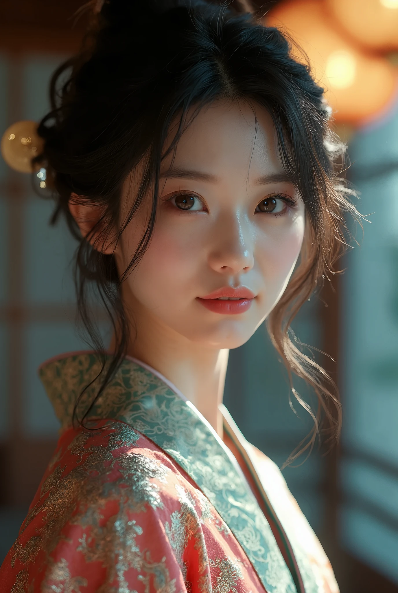 Digital portrait of a Japanese short-haired woman, Beautiful Face,My hair is messy,Rolling, Cinematic, Unreal Engine 5, Beautiful, Incredible Color Grading, kimono,Japanese Dress,In the same way, photograph, Cinematography, art、smile