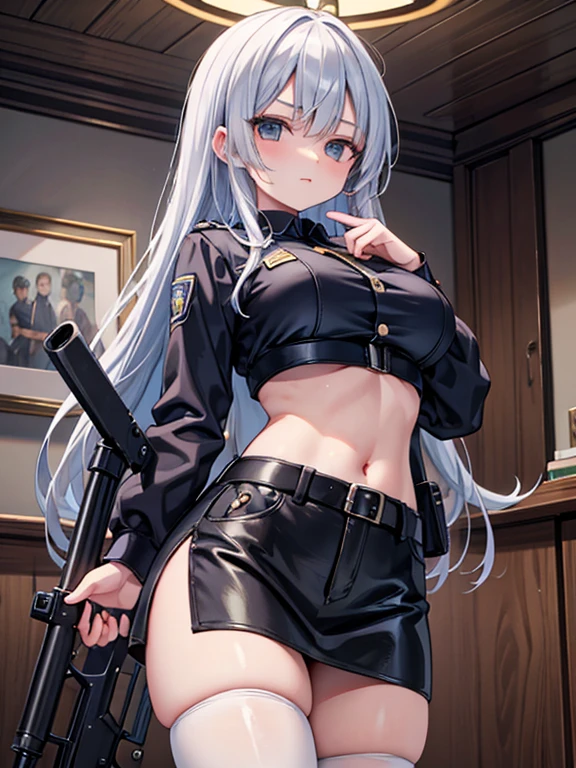 (best quality:1.2), masterpiece, looking at viewer, cowboy shot, 1giri, large breasts, police uniform, crop top, midriff, bare navel, long hair, shiny skin, miniskirt, thighhighs, holding gun, 