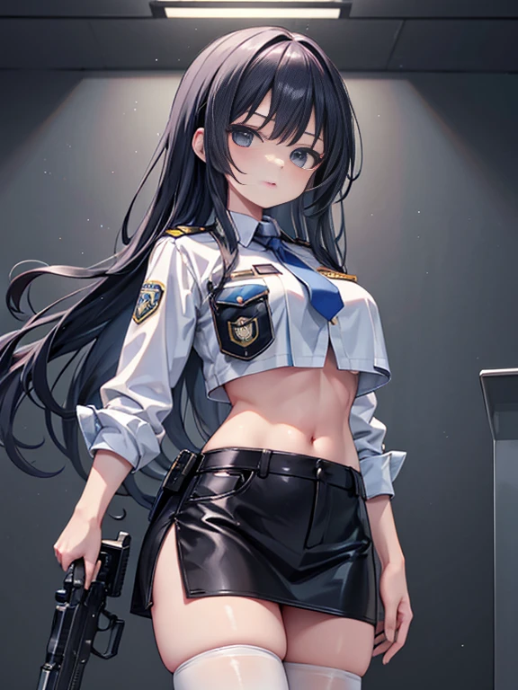 (best quality:1.2), masterpiece, looking at viewer, cowboy shot, 1giri, large breasts, police uniform, crop top, midriff, bare navel, long hair, shiny skin, miniskirt, thighhighs, holding gun, 