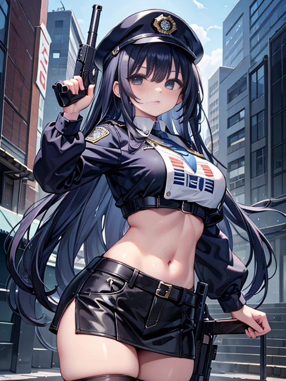 (best quality:1.2), masterpiece, looking at viewer, cowboy shot, 1giri, large breasts, police uniform, crop top, midriff, bare navel, long hair, shiny skin, miniskirt, thighhighs, holding gun, 