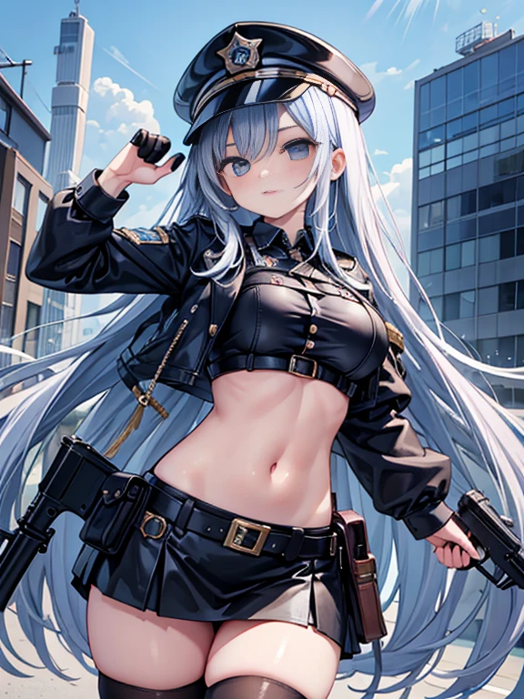 (best quality:1.2), masterpiece, looking at viewer, cowboy shot, 1giri, large breasts, police uniform, crop top, midriff, bare navel, long hair, shiny skin, miniskirt, thighhighs, holding gun, 