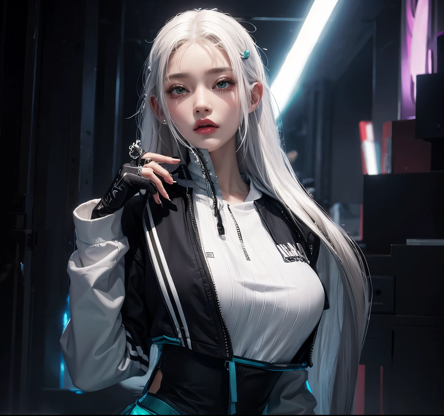 最high quality、Best image quality、masterpiece、girl((American、18-year-old、 By becoming、Best Bust、Medium Bust,Wide open breast tea、Red glowing eyes,Silver Hair、Disheveled Hair、Long Hair、thin,The highest valley、Luminous Wristbands、hat、hair ornaments、luminous necklace、Black sleeveless hoodie(1:2)、Blue short skirt、Disheveled clothing、Show the whole body,Low - Angle、Hacker-like、sweating、lure、Leaning against a wall、Black scarf、Have a smartphone、)),high quality、Beautiful art、background((Neon Light、Neon interior at night))、Flight、Flying debris、Written boundary depth、movie、Visual Arts、Perfect art、8K,Genuine,