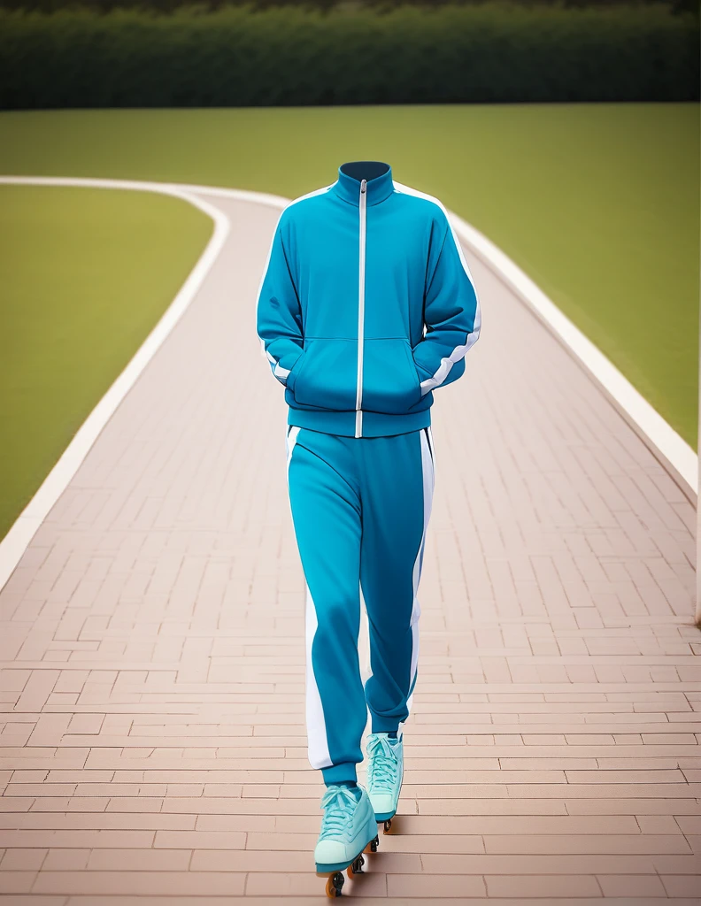 "A surreal image of a person roller skating in a park, but the person appears headless. They are wearing a grey zip-up tracksuit, and the setting is a sunny day with trees and a walking path in the background. The roller skates are white with blue wheels, and the focus is on the outfit and headless appearance."
