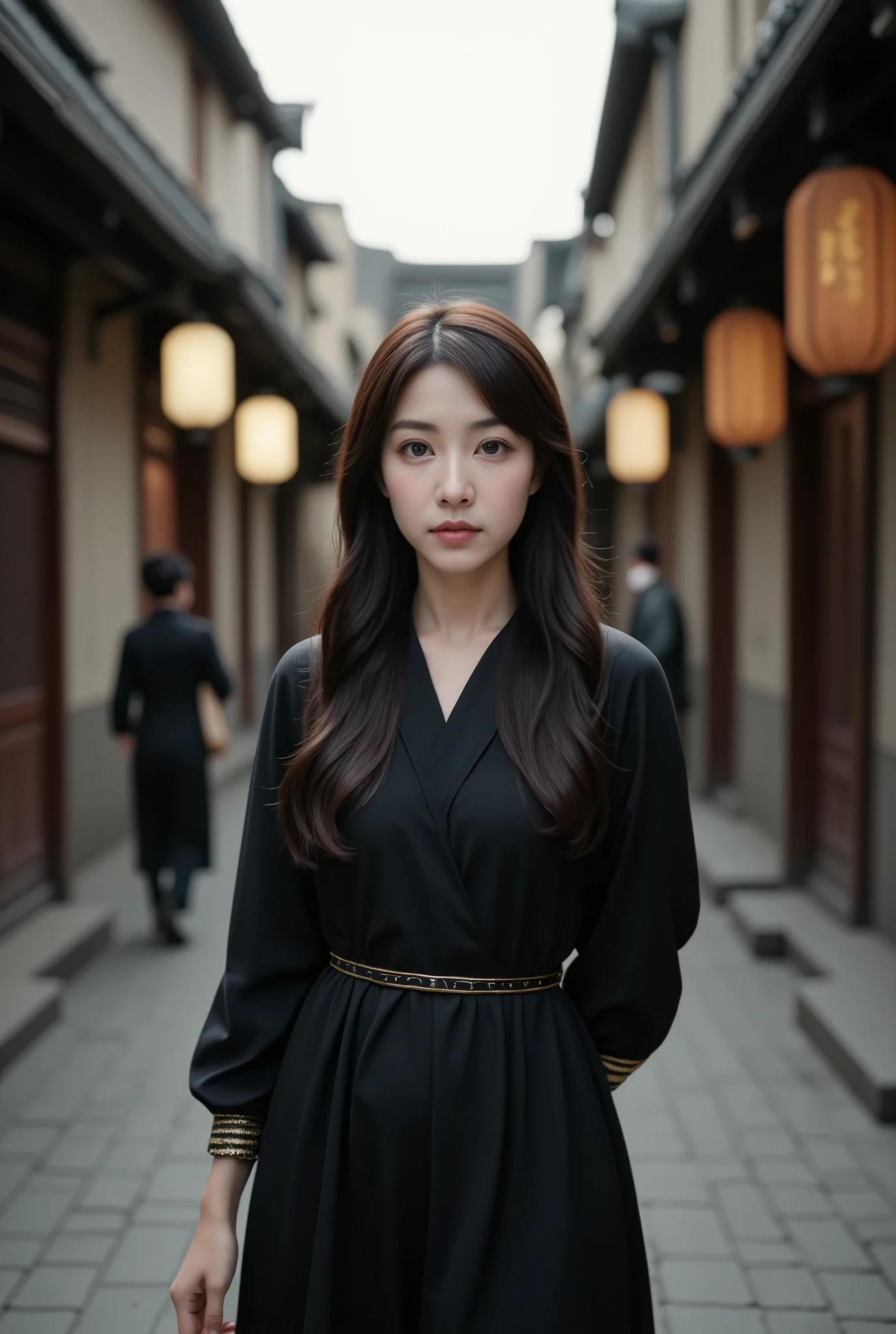 A photo of a young east-asian girl standing in an alleyway with lanterns hanging from the ceiling. She is wearing a long black dress with gold stripes on the sleeves and a belt around her waist. Her long dark hair is styled in loose waves and falls over her shoulders. She has a serious expression on her face and is looking off to the side. The alleyway is lined with old buildings on both sides and there are a few people walking in the background. The overall mood of the image is peaceful and serene.