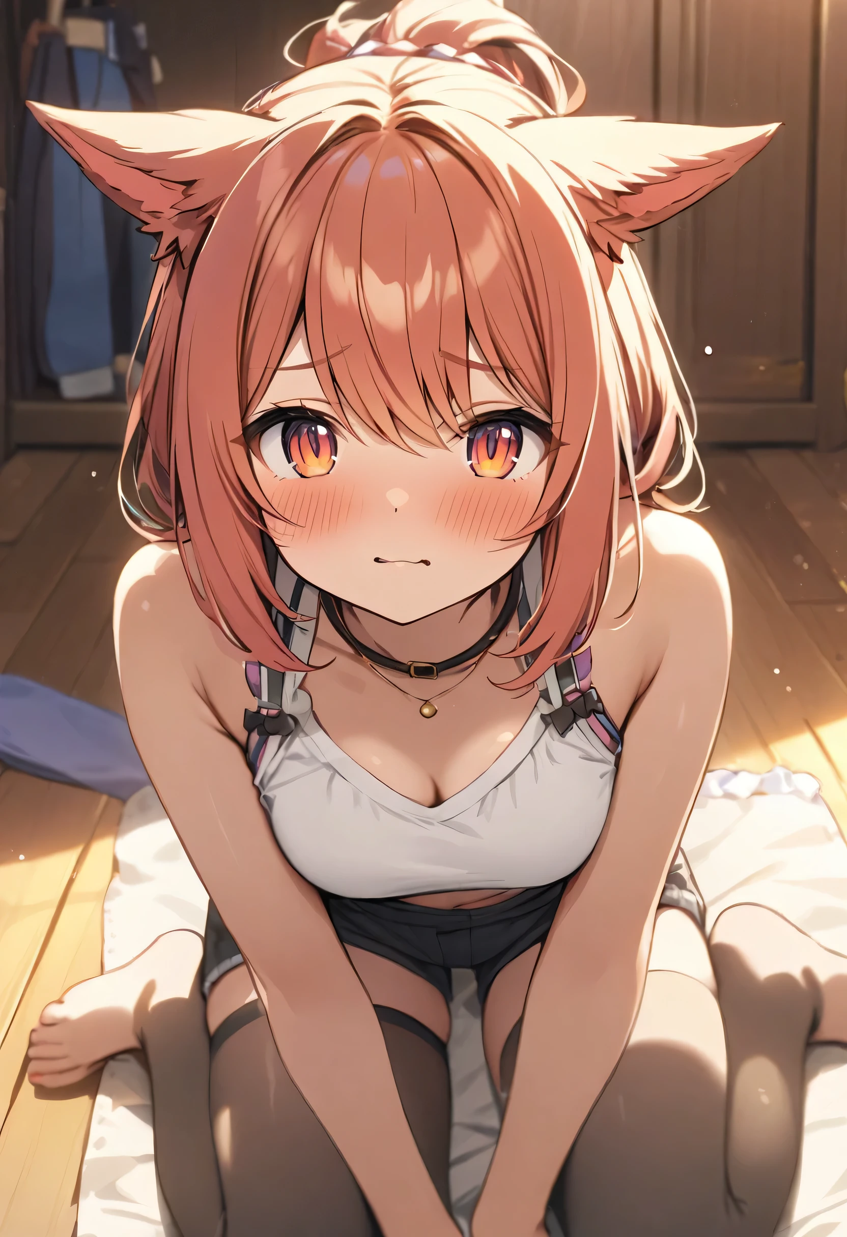 Masterpiece, hd ,2d, best quality, momoi (blue archive), brown hair, cat headphone,sitting,blush,cute bra,bow panties,no wear,