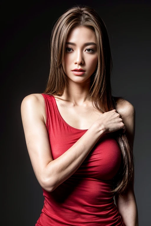 (Raw photo, Realistic photos, masterpiece, highest quality, High resolution, 8k wallpaper), ((Detailed and beautiful skin, Attractive shoulders, Thin and plump arms, A Red t-shirt that makes your body lines look beautiful)), alone, Long Straight Hair.