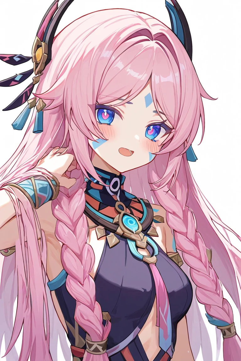 citlali ,シトラリ(genshin impact), 1girl,(full body),(from side)pink hair, parted bangs, very long hair, hair down, braids, hair ornament, facial Mark, blue eyes, pink pupils, tribal clothes,Genshin Impact Style, AddXL, touches hair, glowing eyes, open mouth, blush, beautiful detailed, hyper detail, masterpiece, best quality, bright,white background,1girl, pink hair, parted bangs, very long hair, hair down, braids, hair ornament, facial Mark, blue eyes, pink pupils, tribal clothes,1girl, citlali, pink hair, parted bangs, very long hair, hair down, braids, hair ornament, facial Mark, blue eyes, pink pupils, tribal clothes