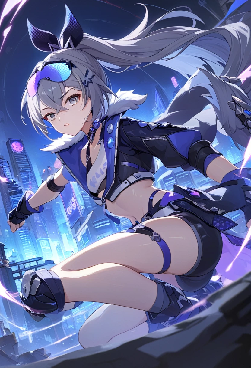 (masterpiece, best quality:1.2),1girl, SilverWolf, Honkai Star Rail, silver hair, ponytail, gray eyes, goggle, high quality, detailed shiny skin, detailed beautiful hair, detailed beautiful eyes, detailed clothes, (high resolusion:1.2), 4K, official art, high quality, small breasts, perspective, fighting,battle,light_trail,dynamic angle,fisheye lens,night,cyberpunk,city