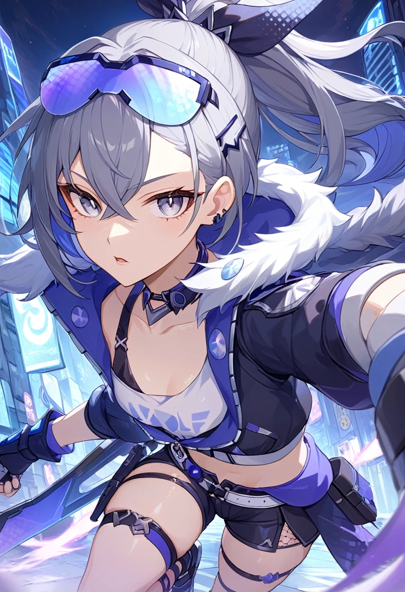 (masterpiece, best quality:1.2),1girl, SilverWolf, Honkai Star Rail, silver hair, ponytail, gray eyes, goggle, high quality, detailed shiny skin, detailed beautiful hair, detailed beautiful eyes, detailed clothes, (high resolusion:1.2), 4K, official art, high quality, small breasts, perspective, fighting,battle,light_trail,dynamic angle,fisheye lens,night,cyberpunk,city