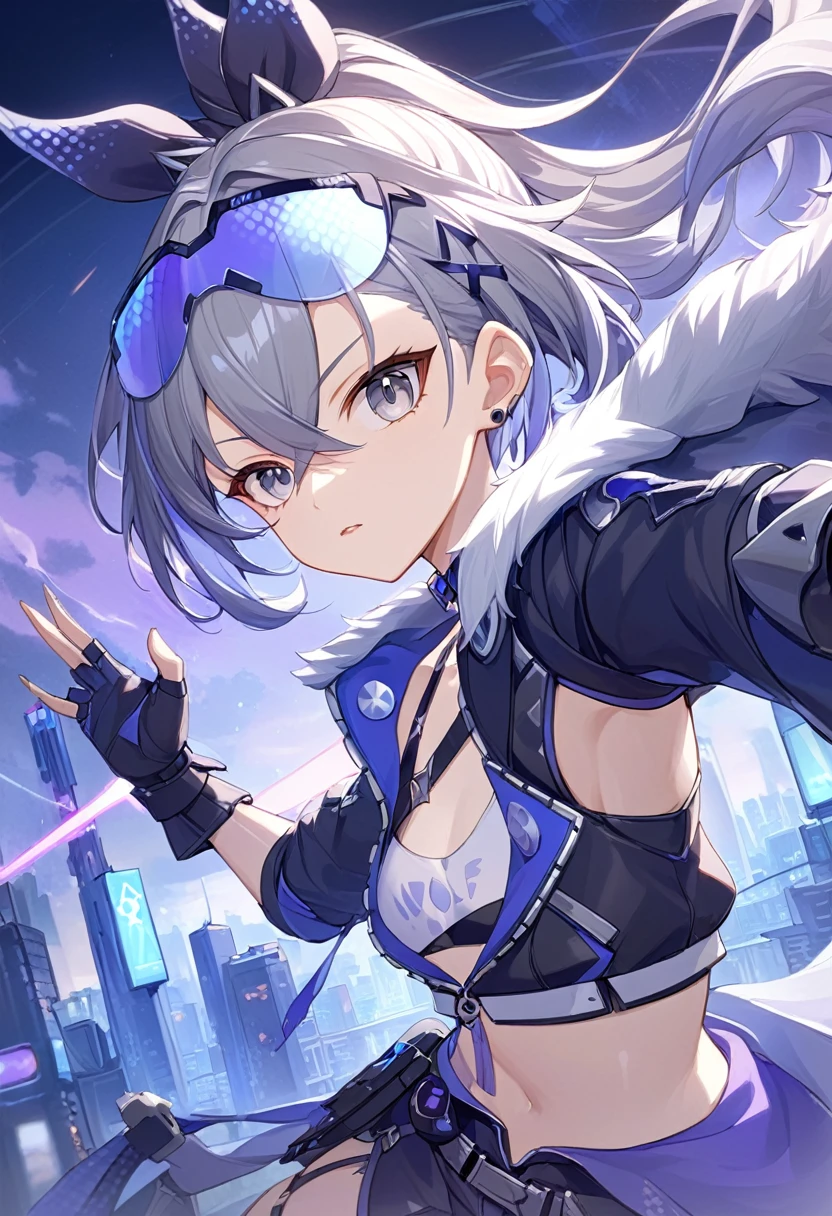 (masterpiece, best quality:1.2),1girl, SilverWolf, Honkai Star Rail, silver hair, ponytail, gray eyes, goggle, high quality, detailed shiny skin, detailed beautiful hair, detailed beautiful eyes, detailed clothes, (high resolusion:1.2), 4K, official art, high quality, small breasts, perspective, fighting,battle,light_trail,dynamic angle,fisheye lens,night,cyberpunk,city