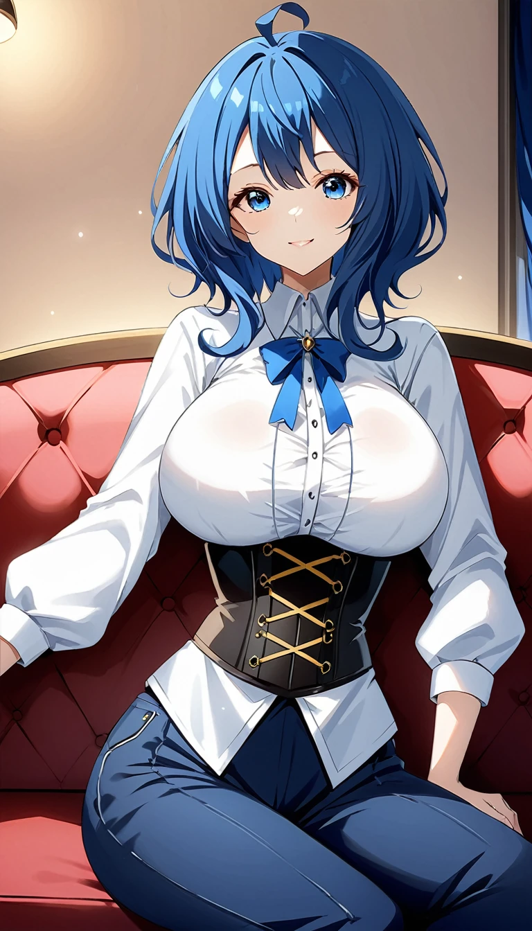 Score_9, Score_8_up, Score_7_up, source_anime, annayanami, annayanami, medium hair, blue eyes, ahoge, blue hair, corset, large breasts, coat, white t-shirt, long sleeves, short pants, emphasis breasts, smile, look at viewer, sitting sofa, room, cowboy shot, best quality, ultra-detailed, high resolution, 8K,