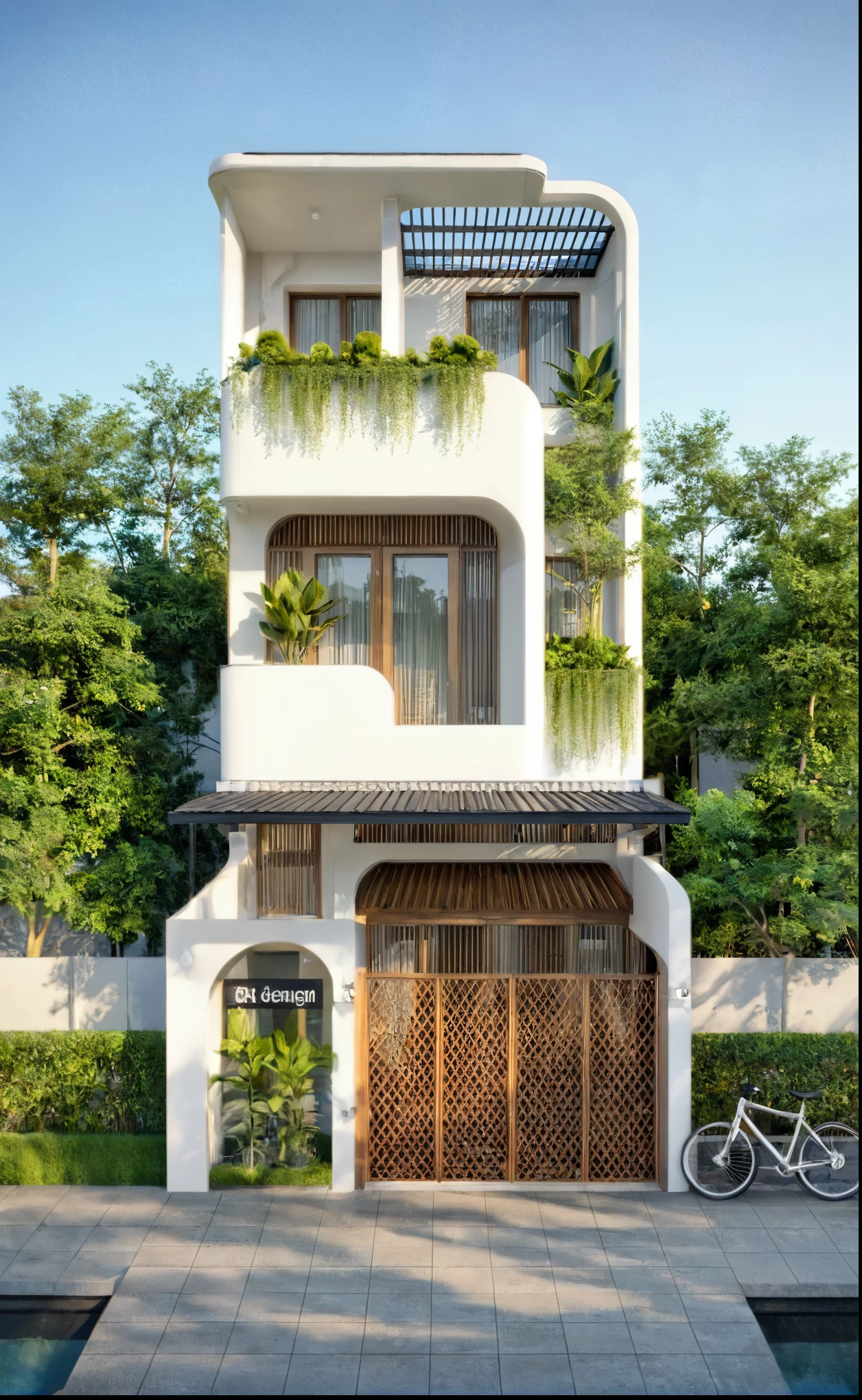 The house has 2 floors and 1 attic with a terrace. tall and narrow, modern design, steel gate and wooden details in harmonious color combination to flatter the eye. The outside is painted white, the front wall has many curves. Mix 6 outstanding colors with white as the main color. Outstanding colors combine in soft curves. The house has windows on all sides and (wooden and iron ceilings: 1,2). Materials include black steel and wood. The attic has a tree growing on the middle column in bright floral colors, blue and wood. Surrounded by tropical vegetation. The scene was shot from a 24mm perspective, with soft, natural lighting highlighting textures and materials, creating soft shadows that highlight the curves of the front wall and wooden details.